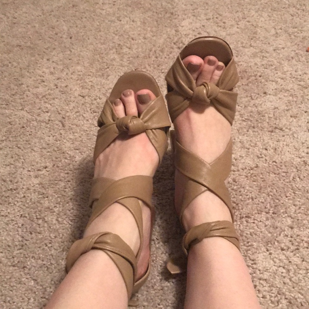 Talbots tan, ankle wrap leather high heel